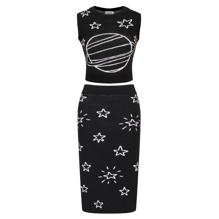 Women's black planet Jacquard vintage vest skirt suit