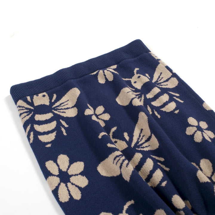 Women's dark blue bee Jacquard vintage vest skirt suit