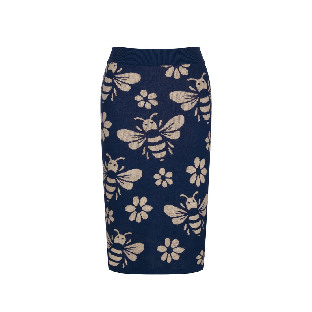 Women's dark blue bee Jacquard vintage vest skirt suit