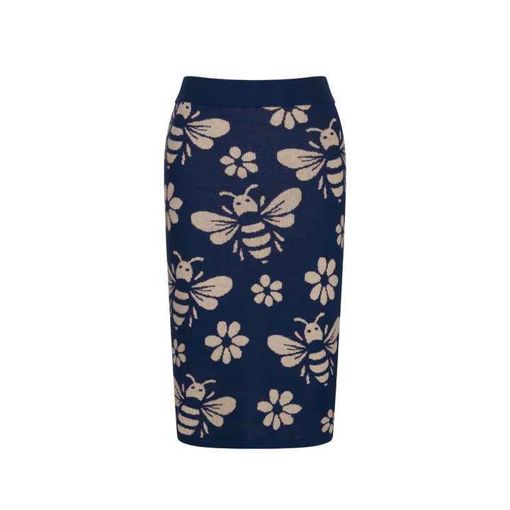 Women's dark blue bee Jacquard vintage vest skirt suit