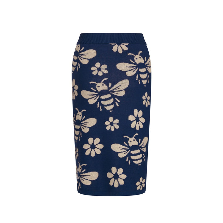 Women's dark blue bee Jacquard vintage vest skirt suit