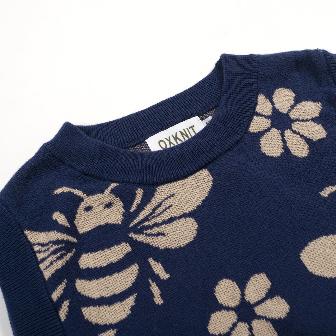 Women's dark blue bee Jacquard vintage vest skirt suit