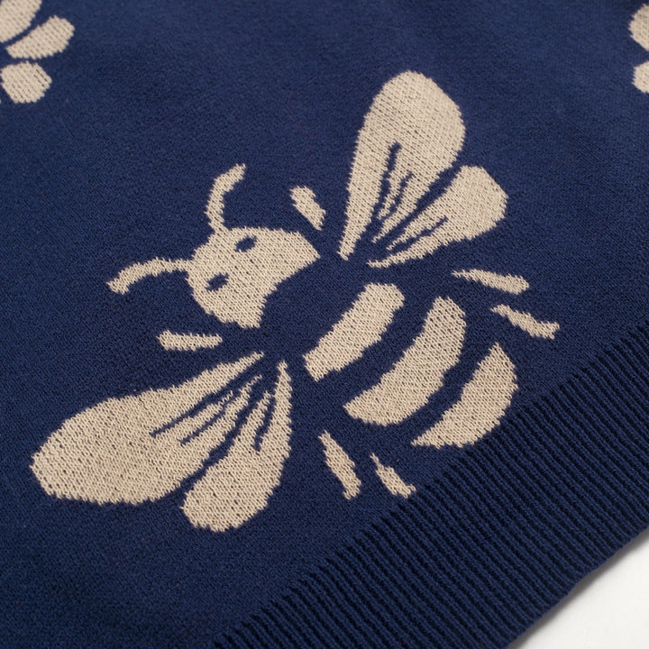 Women's dark blue bee Jacquard vintage vest skirt suit