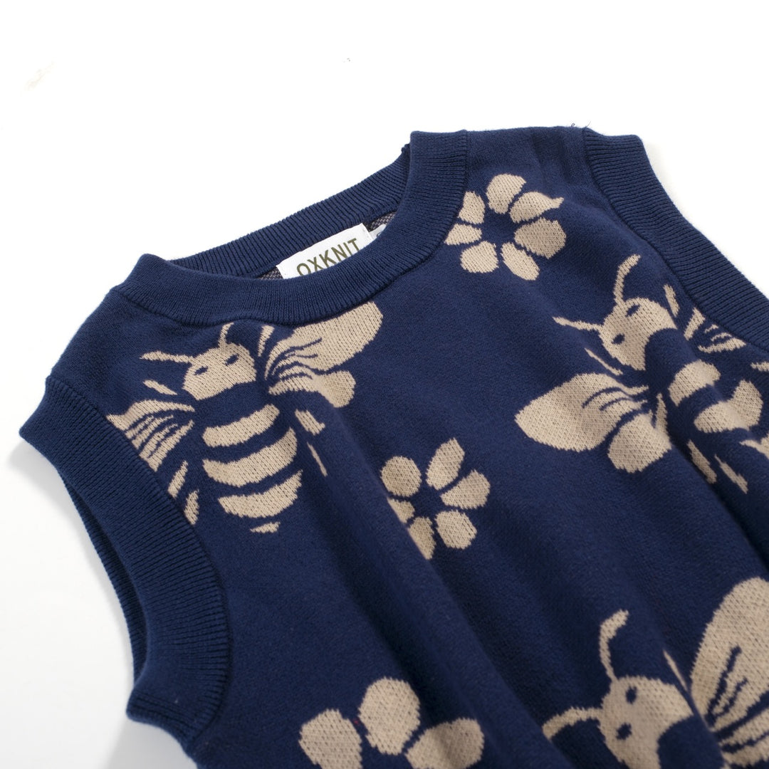 Women's dark blue bee Jacquard vintage vest skirt suit