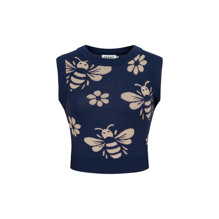 Women's dark blue bee Jacquard vintage vest skirt suit