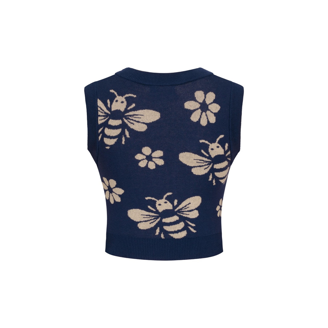 Women's dark blue bee Jacquard vintage vest skirt suit