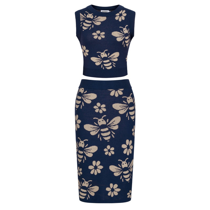 Women's dark blue bee Jacquard vintage vest skirt suit