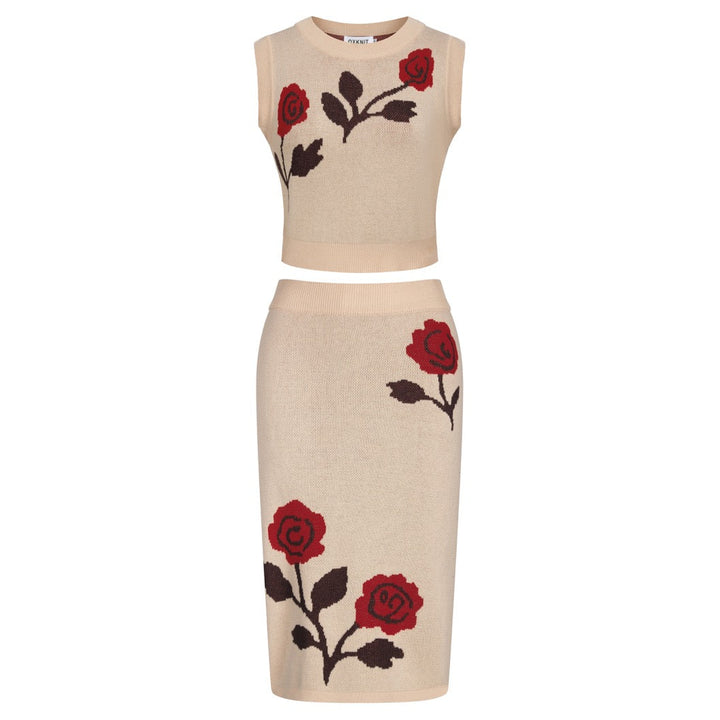 Women's khaki rose Jacquard vintage vest skirt suit