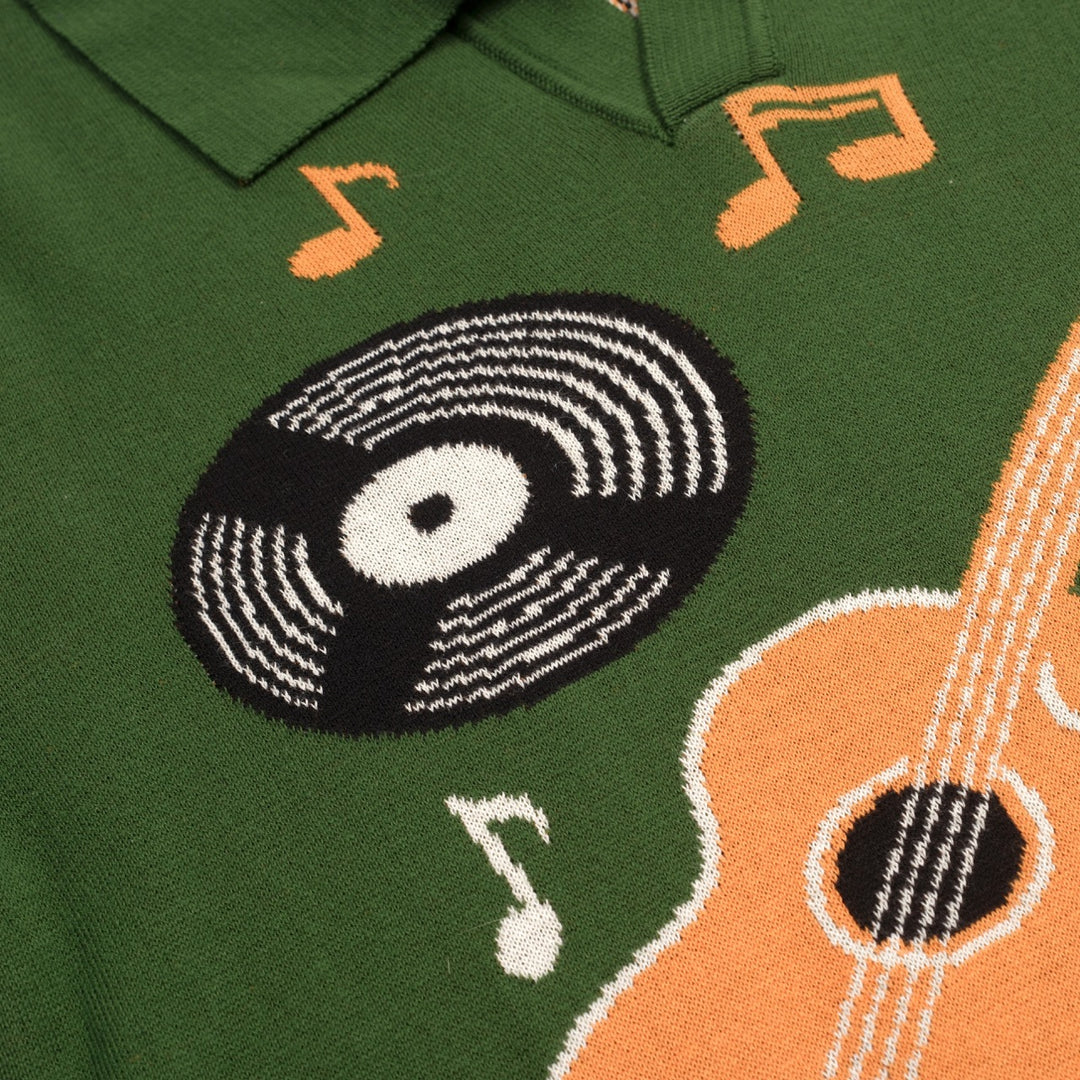 Polo manches courtes V-neck rétro guitare verte pour homme