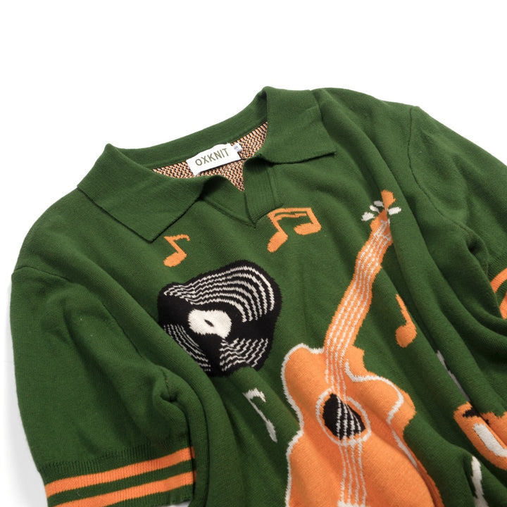 Polo manches courtes V-neck rétro guitare verte pour homme