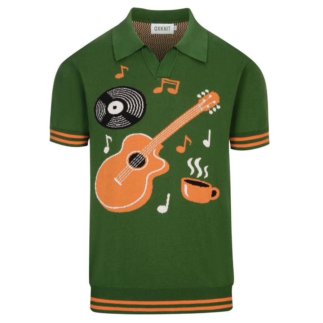 Polo manches courtes V-neck rétro guitare verte pour homme