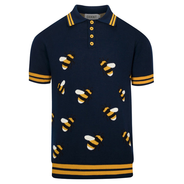 Mørkeblå vintage bee kortærmet strik poloshirt til mænd