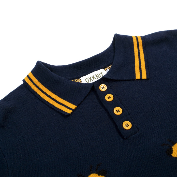 Mørkeblå vintage bee kortærmet strik poloshirt til mænd