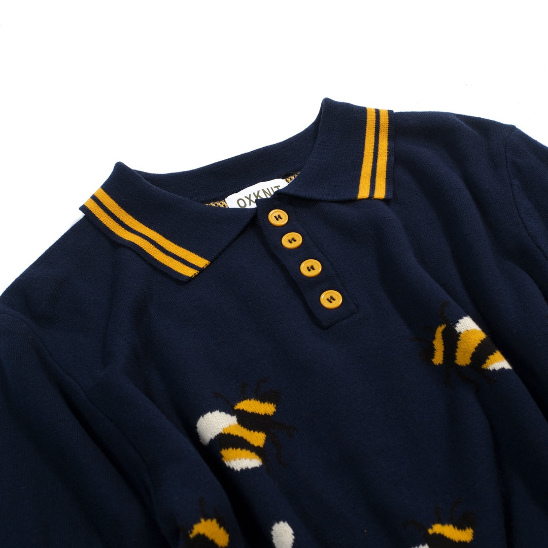 Mørkeblå vintage bee kortærmet strik poloshirt til mænd