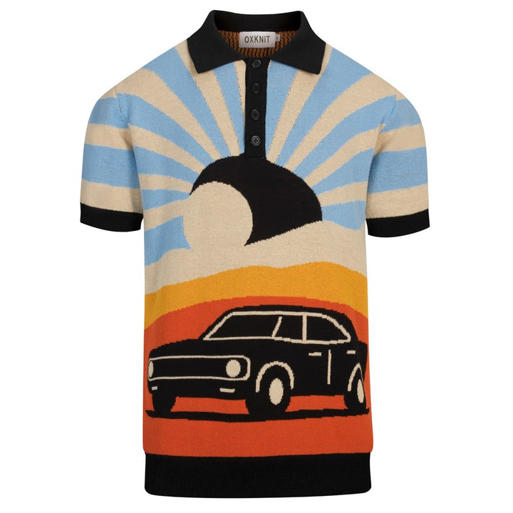 Men's multicolor retro jacquard short-sleeved knitted polo shirt