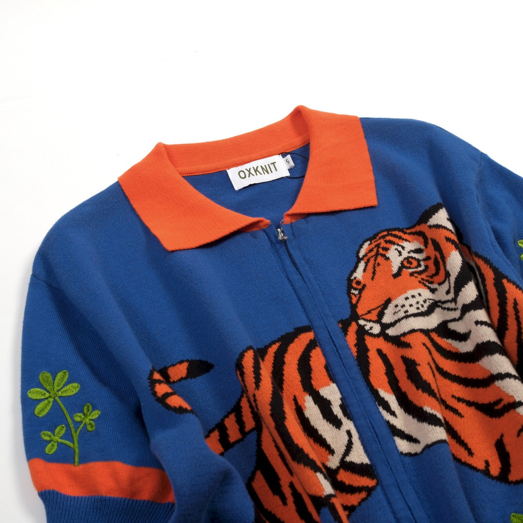 Men's Blue Vintage Animal Jacquard Knitted Cardigan
