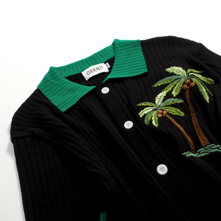 Brodert strikket cardigan for menn med svart stripete kokosnøtttre