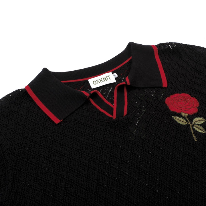 Men's Black Vintage Mesh Rose Embroidery Knitted Cardigan