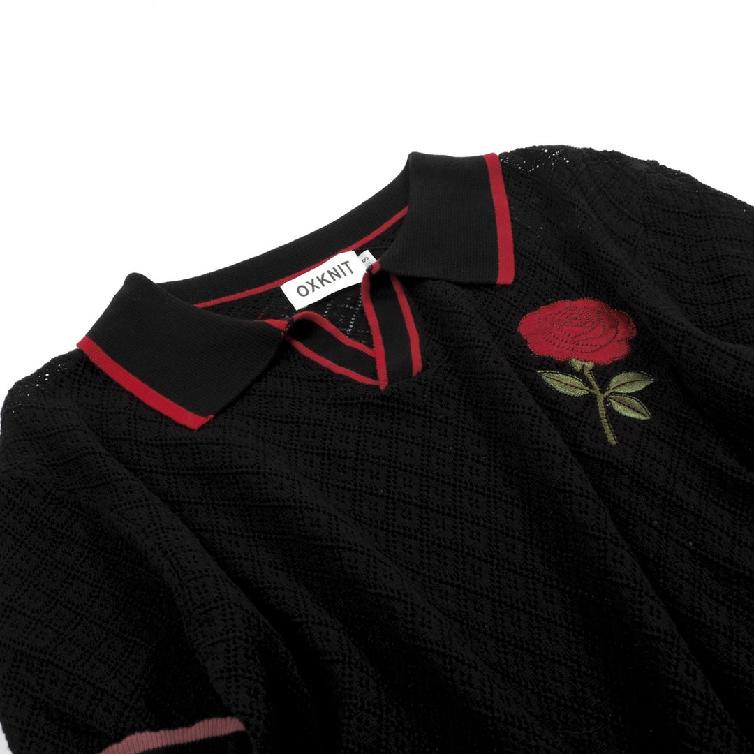 Men's Black Vintage Mesh Rose Embroidery Knitted Cardigan