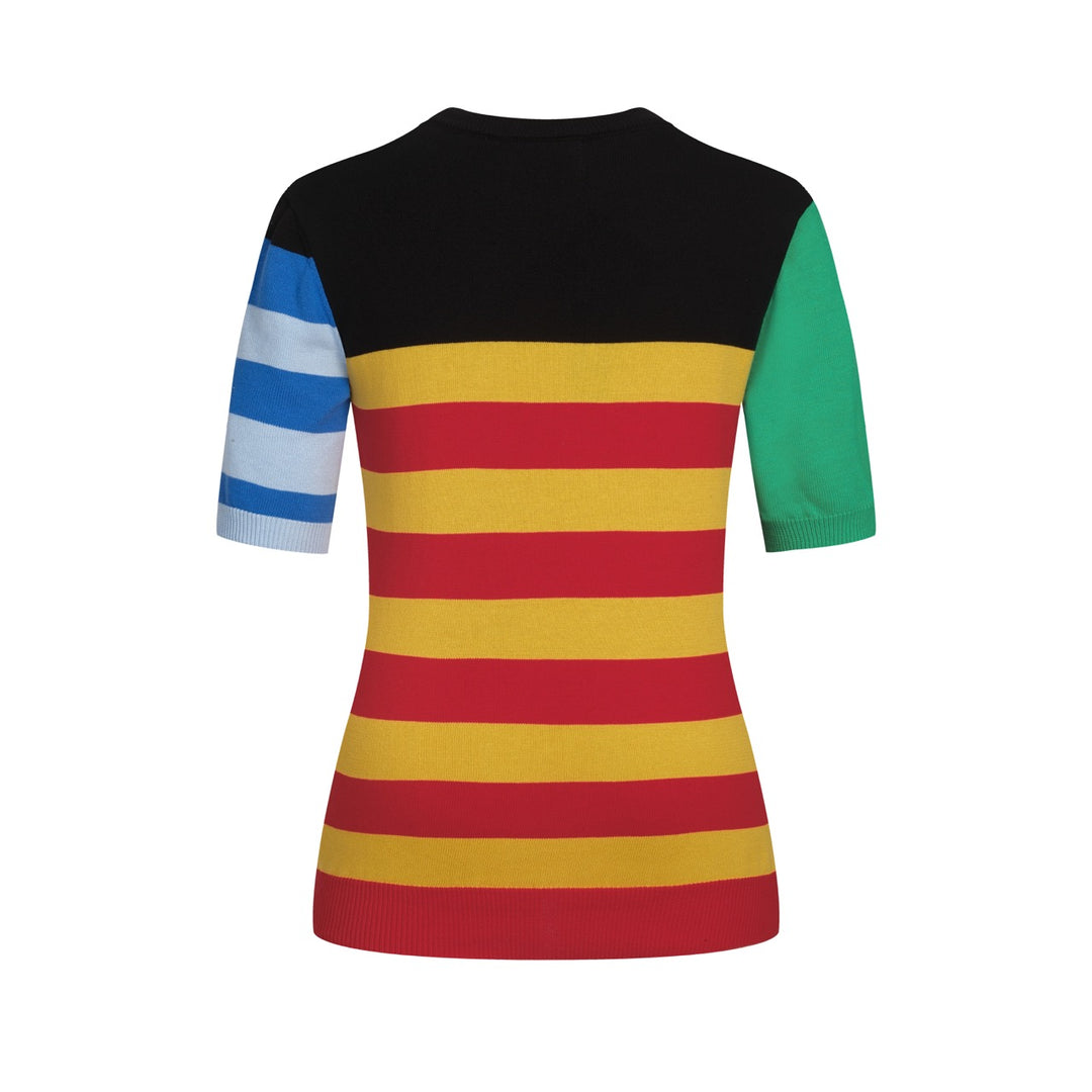 Women's black striped vintage knit five-quarter sleeve T-shirt