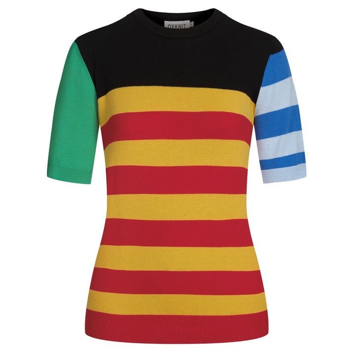 Women's black striped vintage knit five-quarter sleeve T-shirt
