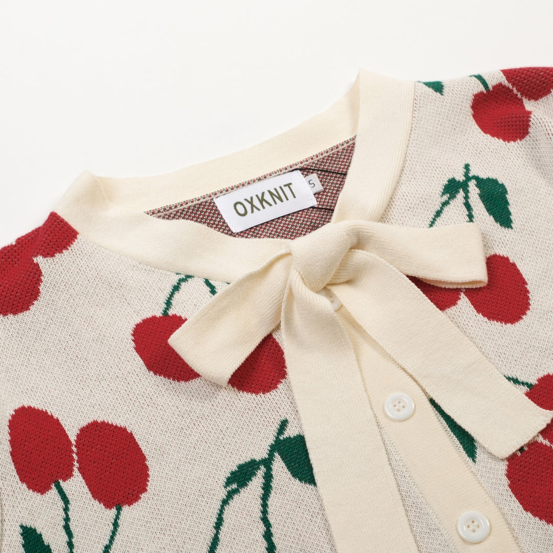 Kvinders abrikos hvid kirsebær strikket cardigan - Cropped Length