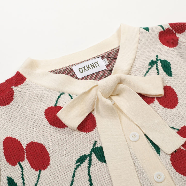 Kvinders abrikos hvid kirsebær strikket cardigan - Cropped Length