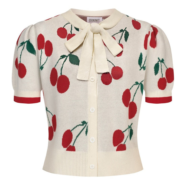 Kvinders abrikos hvid kirsebær strikket cardigan - Cropped Length