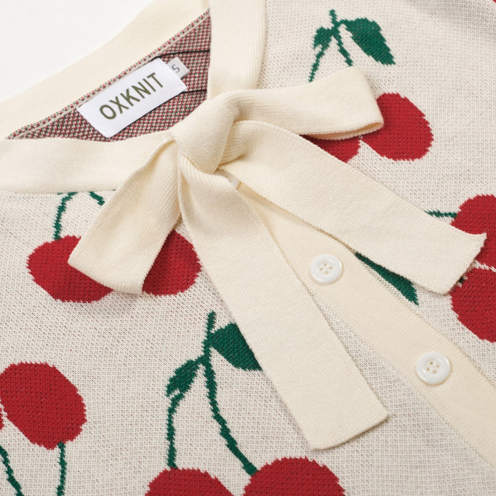 Kvinders abrikos hvid kirsebær strikket cardigan - Cropped Length