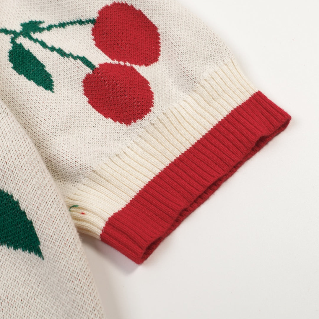 Kvinders abrikos hvid kirsebær strikket cardigan - Cropped Length