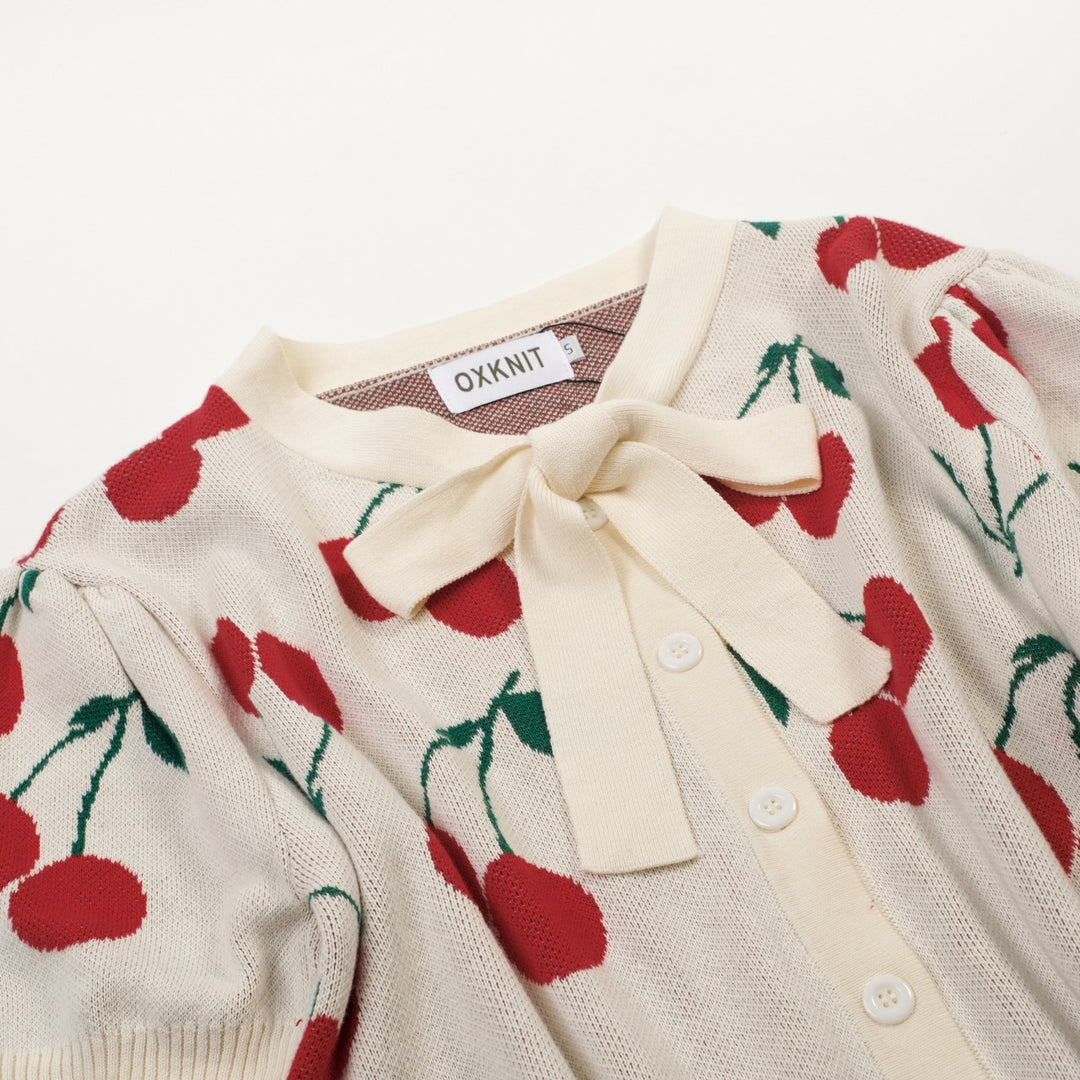 Kvinders abrikos hvid kirsebær strikket cardigan - Cropped Length