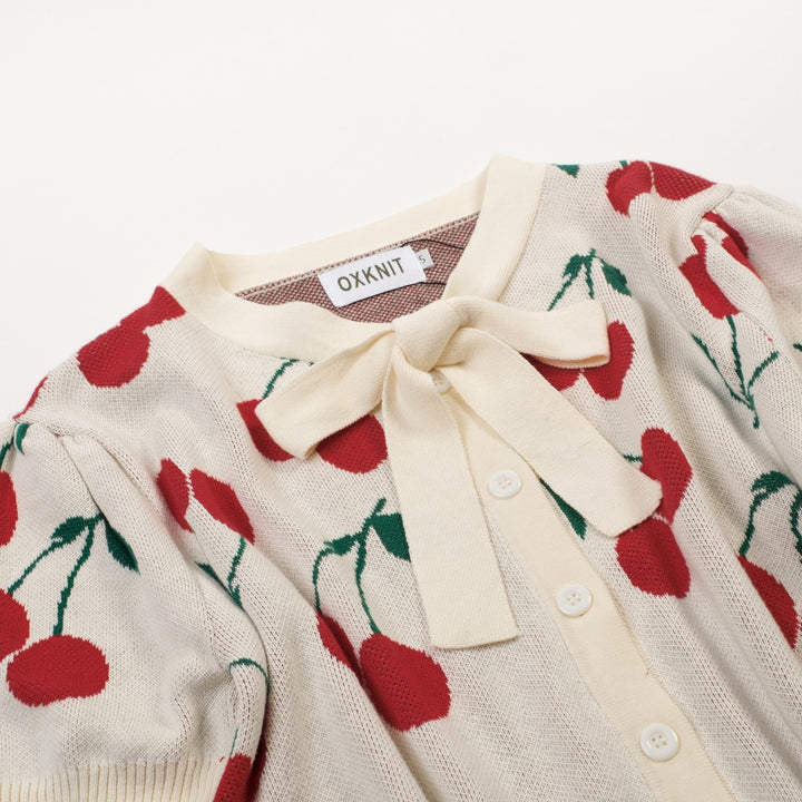 Kvinders abrikos hvid kirsebær strikket cardigan - Cropped Length