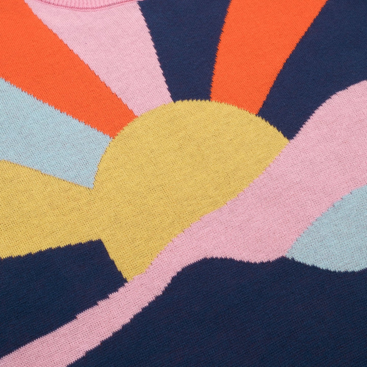 Women's Dark Blue Vintage Artistic Sunlight Jacquard Knit T-Shirt