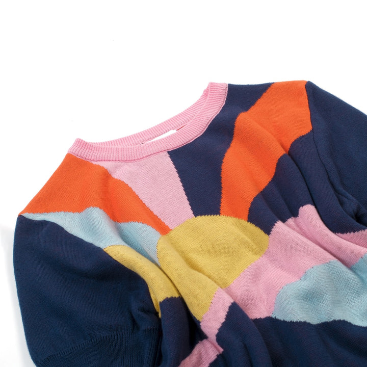 Women's Dark Blue Vintage Artistic Sunlight Jacquard Knit T-Shirt