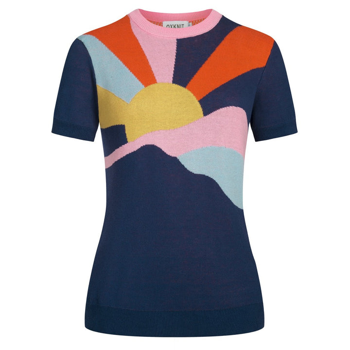 Women's Dark Blue Vintage Artistic Sunlight Jacquard Knit T-Shirt