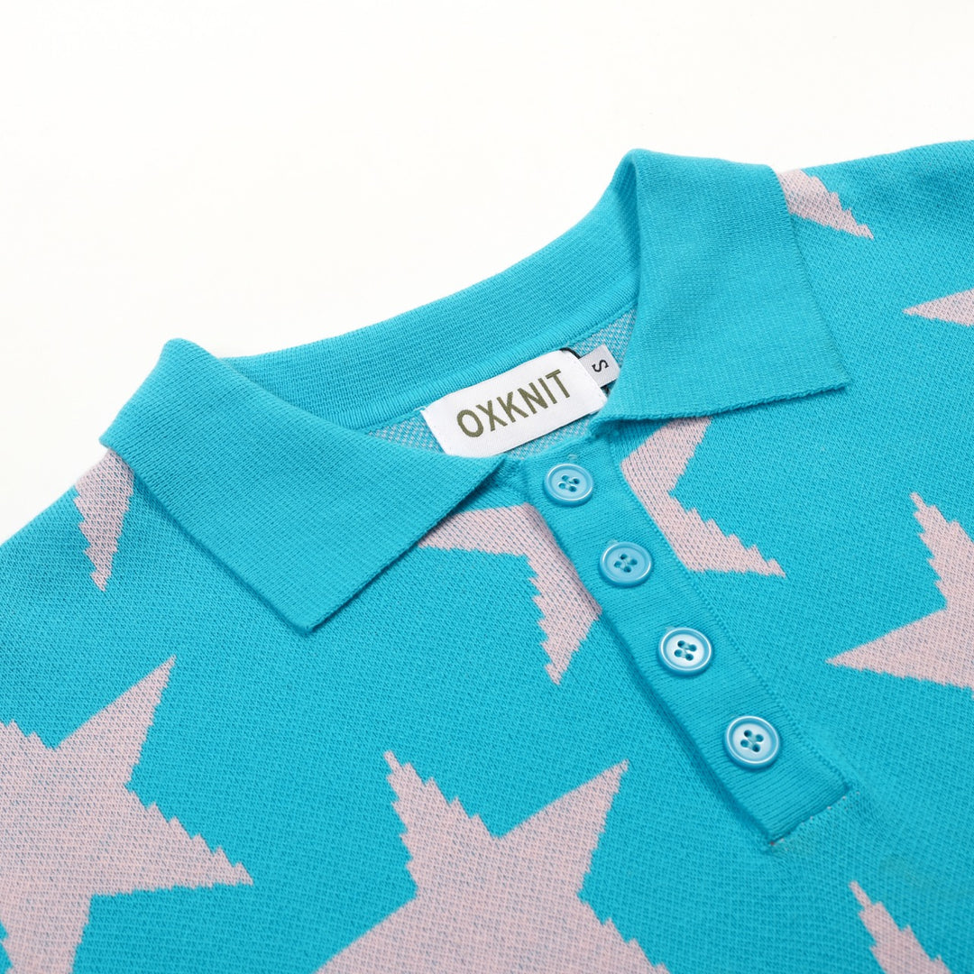 Cerulean Vintage Star Art Jacquard Pikétröja för män