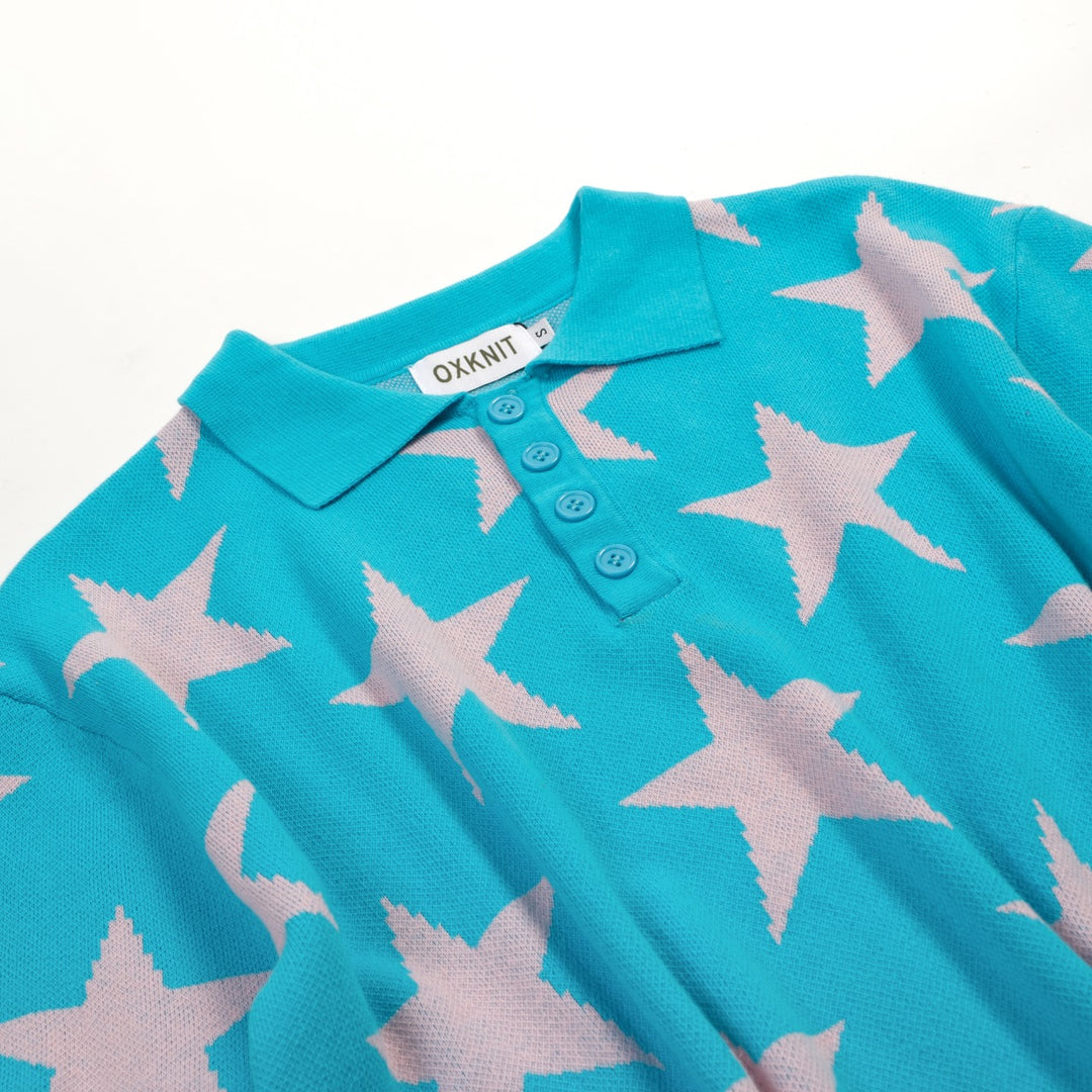 Cerulean Vintage Star Art Jacquard Pikétröja för män