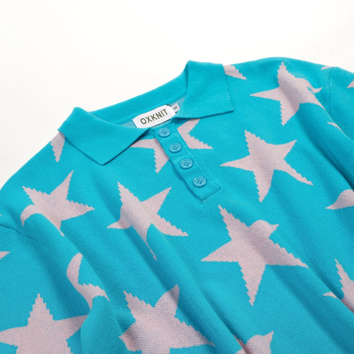 Cerulean Vintage Star Art Jacquard Pikétröja för män