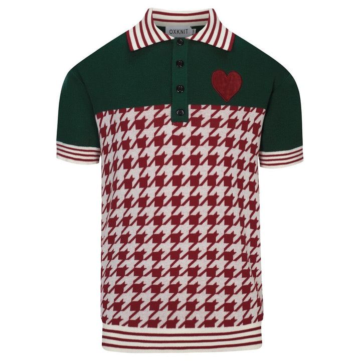 Polo en maille rouge vintage pour homme avec broderie artistique de cœur