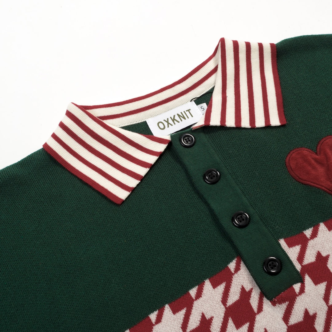 Polo en maille rouge vintage pour homme avec broderie artistique de cœur