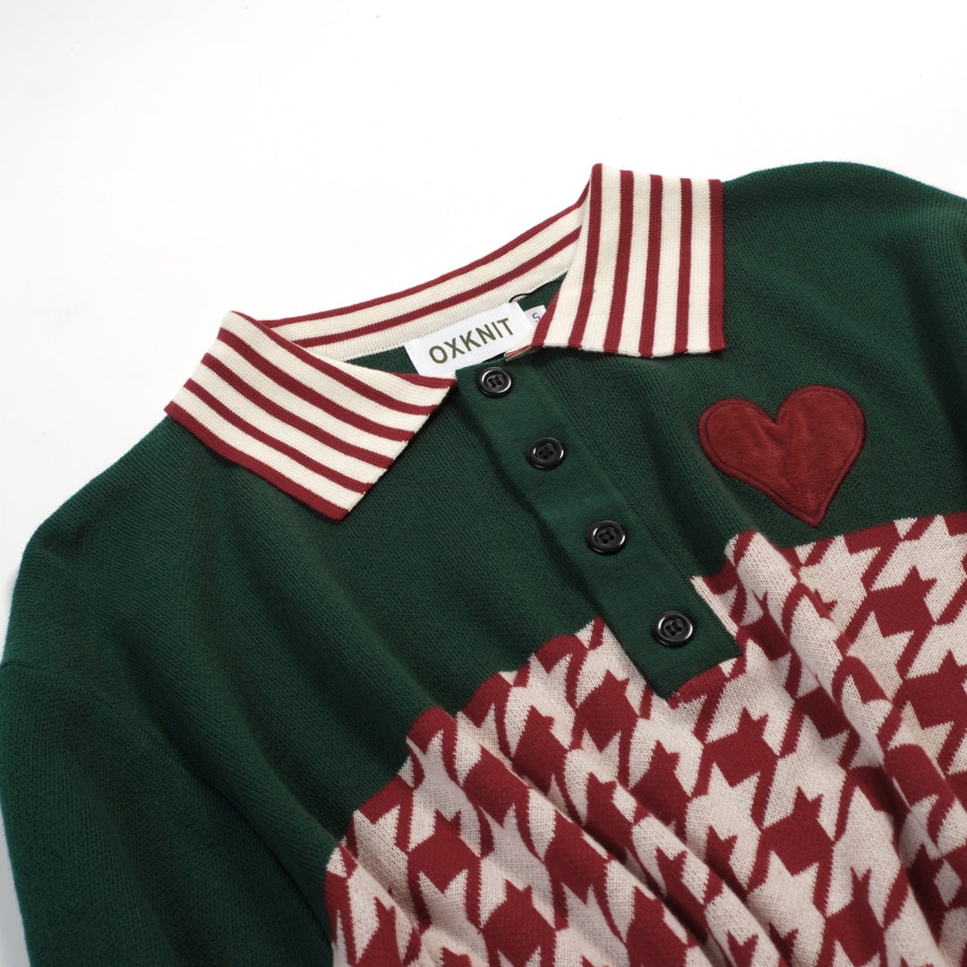 Polo en maille rouge vintage pour homme avec broderie artistique de cœur