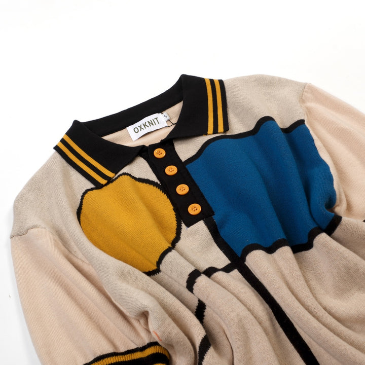 Polo Maglia Knit Uomo Albicocca Retro Geometrica Jacquard