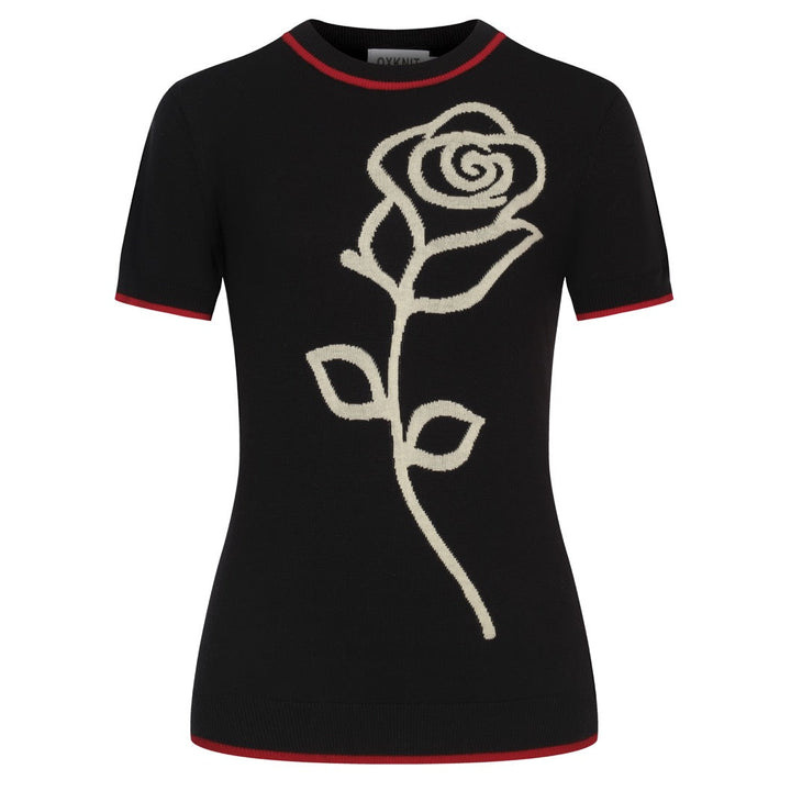 Women's Black Vintage Rose Artistic Jacquard Knit T-Shirt