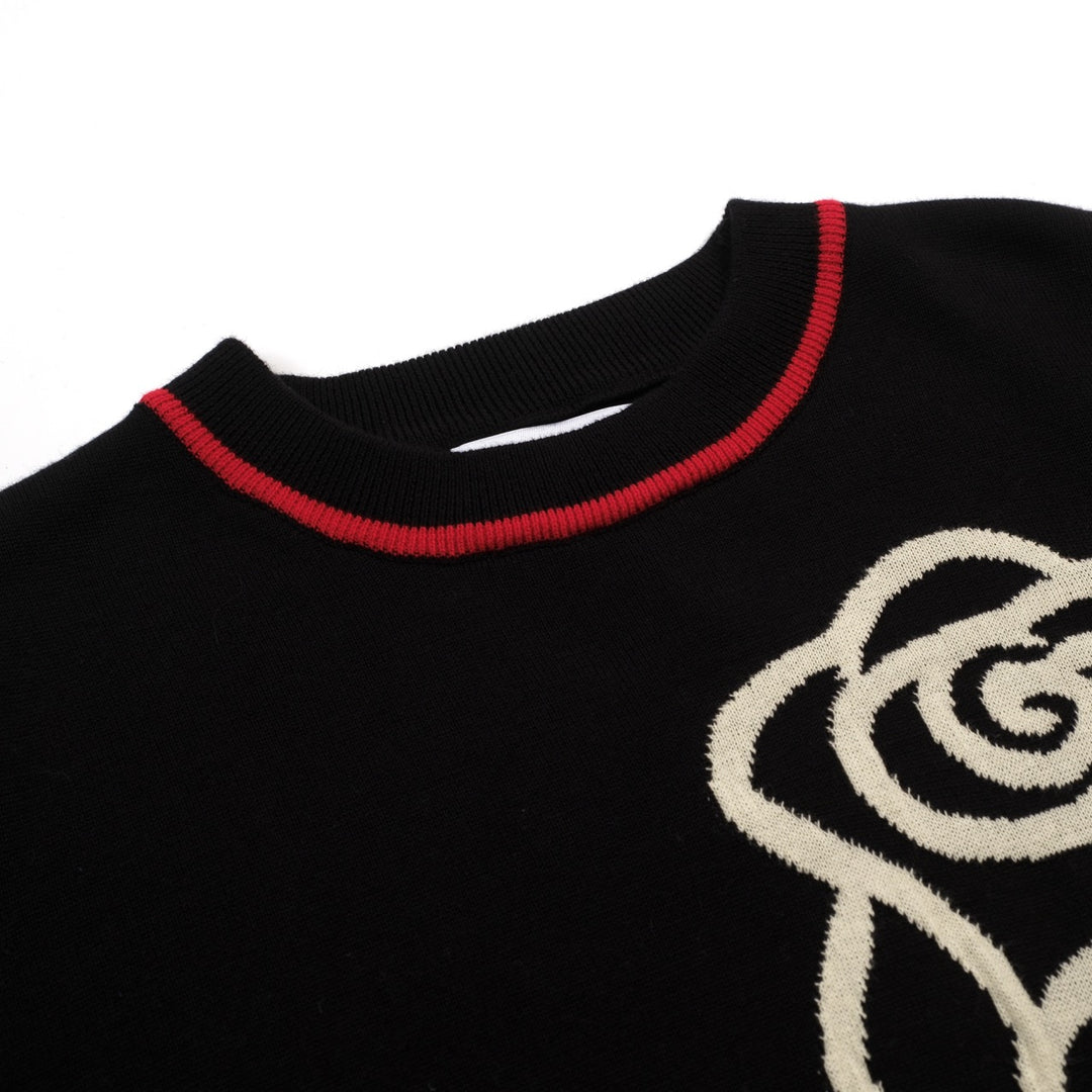 Women's Black Vintage Rose Artistic Jacquard Knit T-Shirt