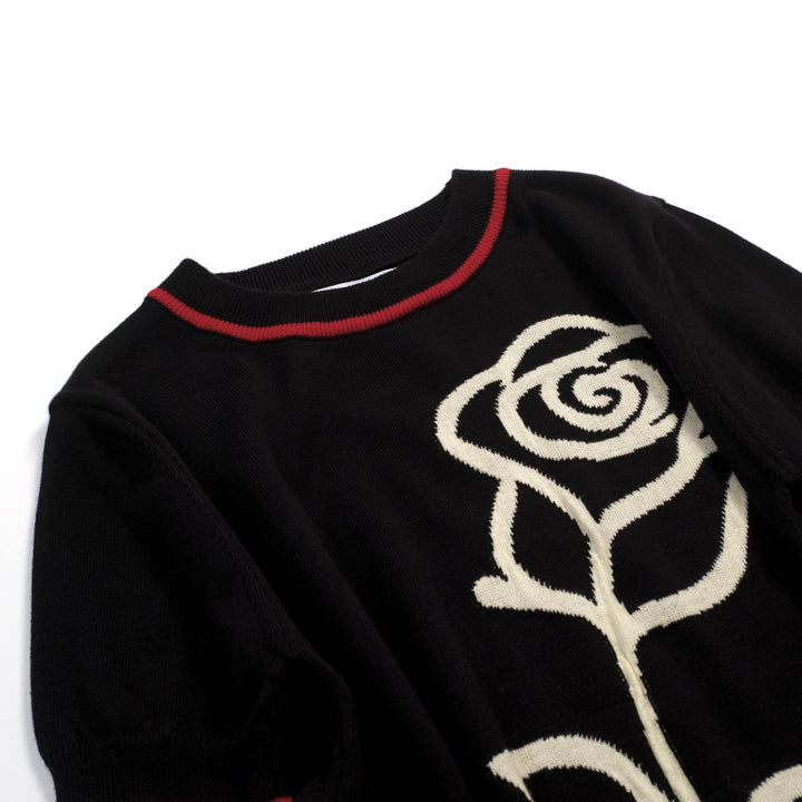 Women's Black Vintage Rose Artistic Jacquard Knit T-Shirt