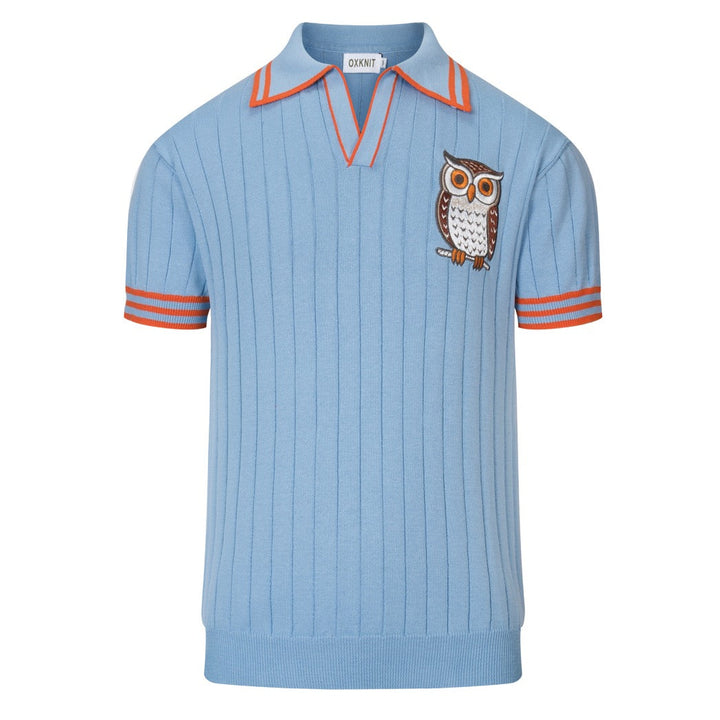 Men's Blue Vintage Owl Embroidered Art Polo Knit Shirt