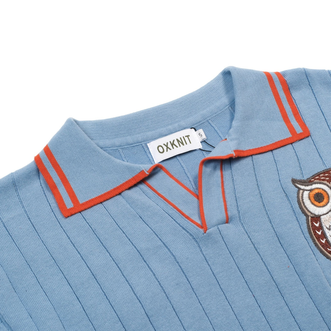 Men's Blue Vintage Owl Embroidered Art Polo Knit Shirt