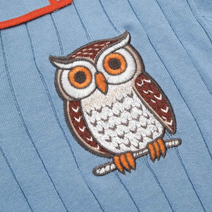 Men's Blue Vintage Owl Embroidered Art Polo Knit Shirt