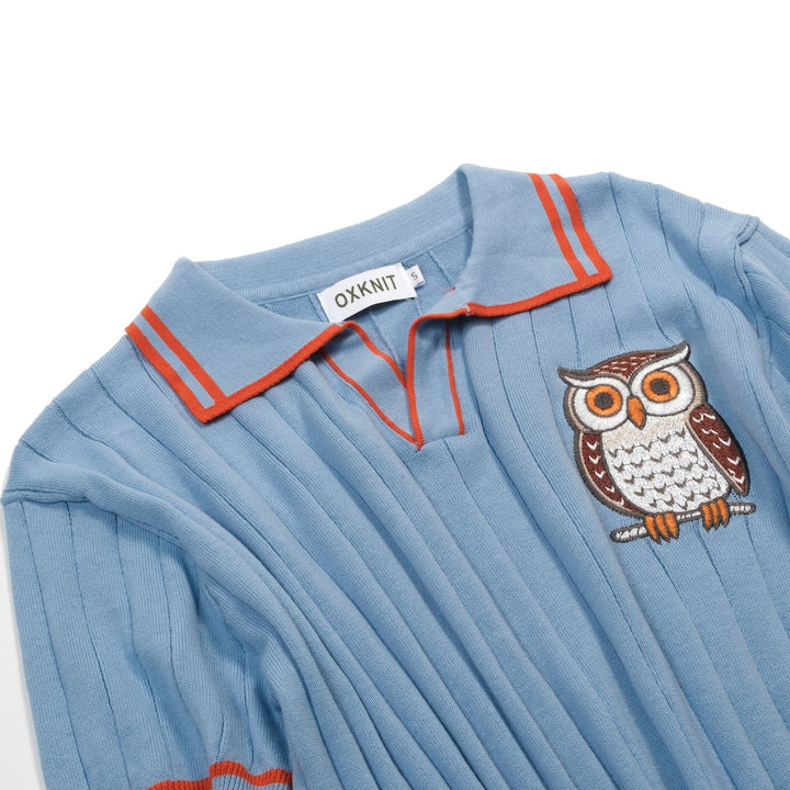Men's Blue Vintage Owl Embroidered Art Polo Knit Shirt