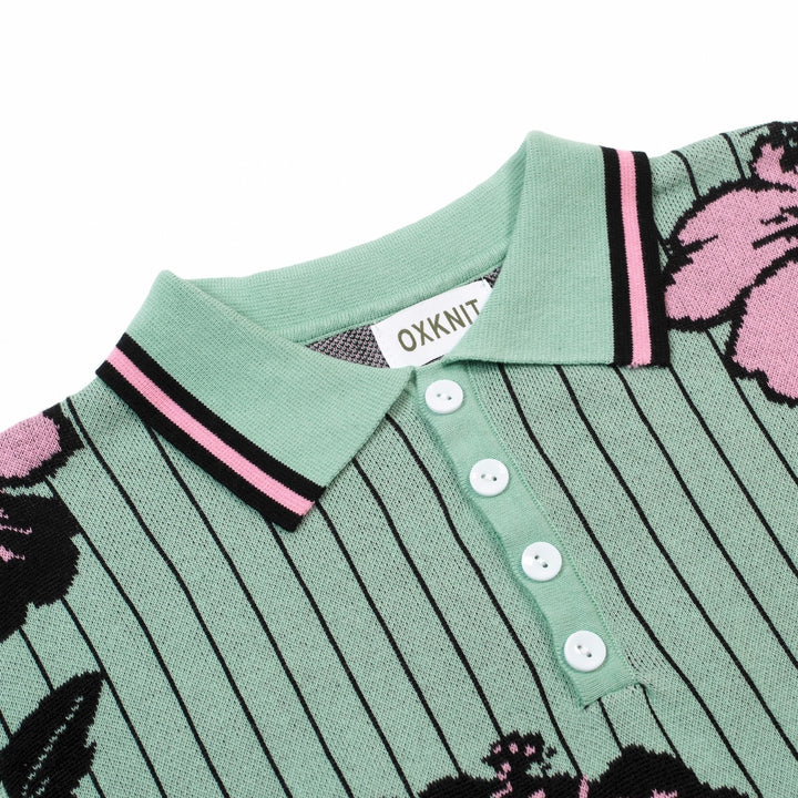 Heren Teal Retro Gestreept Gebloemd Jacquard Polo Gebreid Shirt